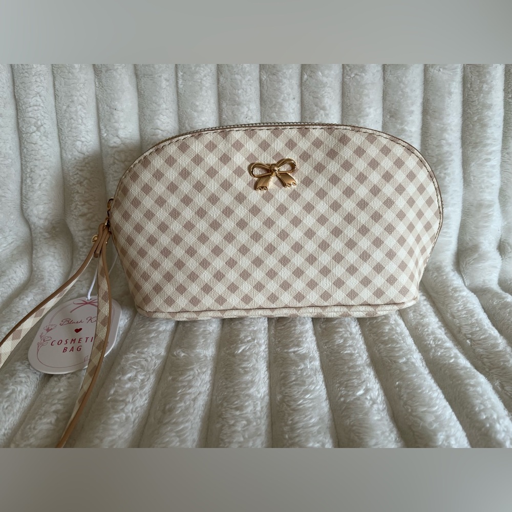 Bow Accent Cream Check Cosmetic Bag